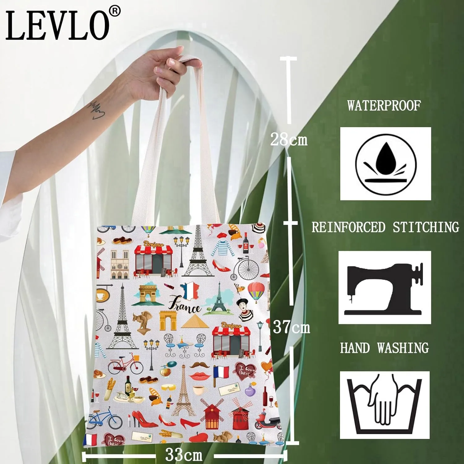 LEVLO France Travel Culture Gift French Theme Travel Pouch Bag Paris Landmarks Gift French Souvenir Gift (France Tote)