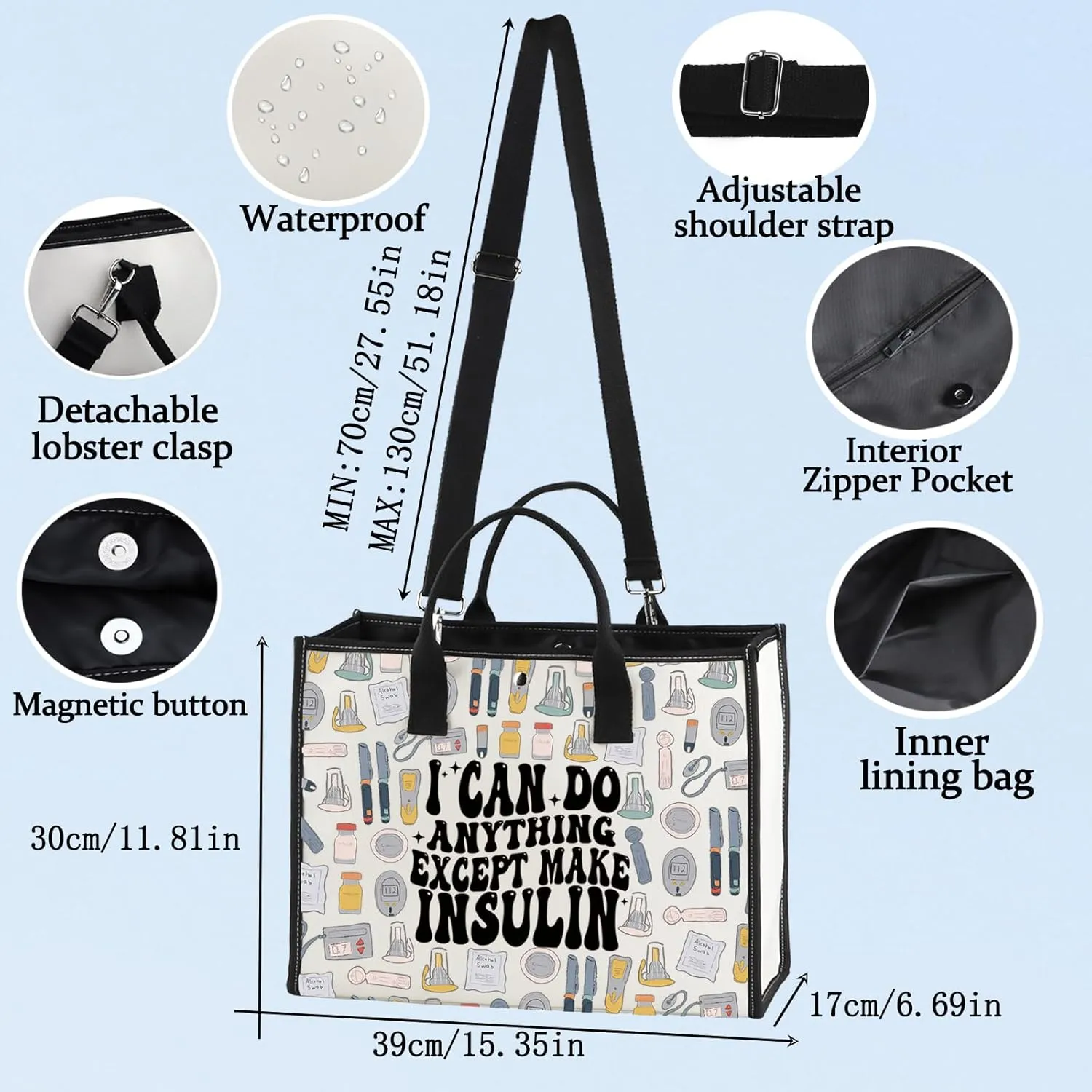 LEVLO Funny Diabetes Awareness Cosmetic Make Up Bag Diabetic Gift I Can Do Anything Except Make Insulin Makeup Zipper Pouch Bag For Women Girls