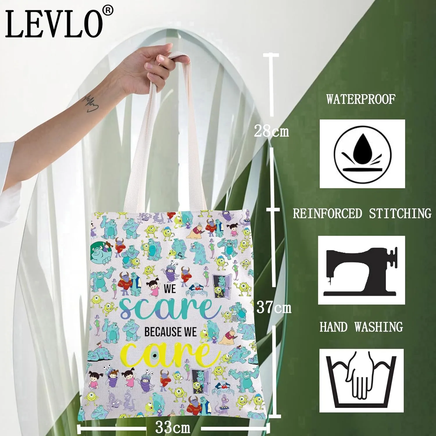 LEVLO Funny Monsters Movie Cosmetic Make Up Bag Mike Sully Boo Fans Gift We Scare Because We Care Makeup Zipper Pouch Bag For Women Girls (We Scare Full Tote)