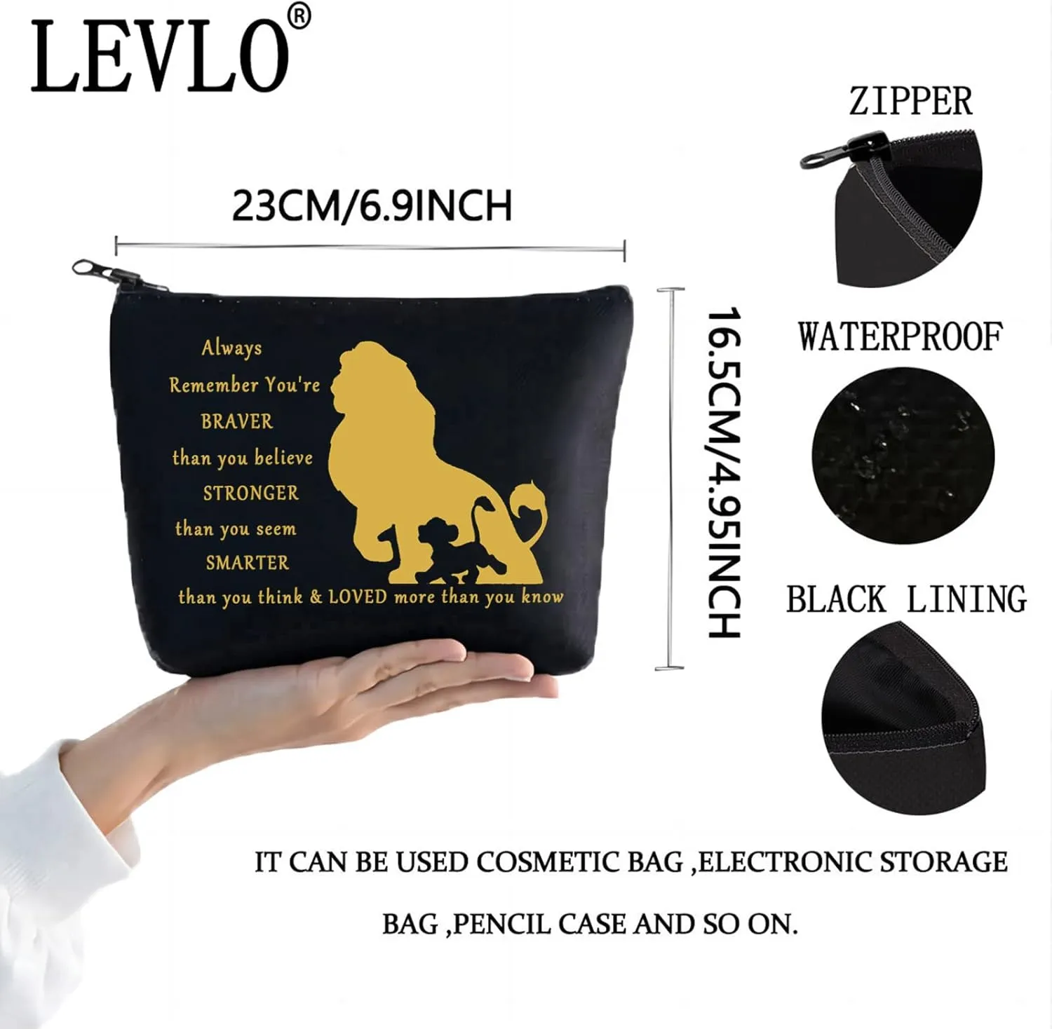 LEVLO Lion Cosmetic Make Up Bag Cartoon Lion Fans Gift You Are Braver Stronger Smarter Than You Think Cartoon Animal Zipper Pouch Bag