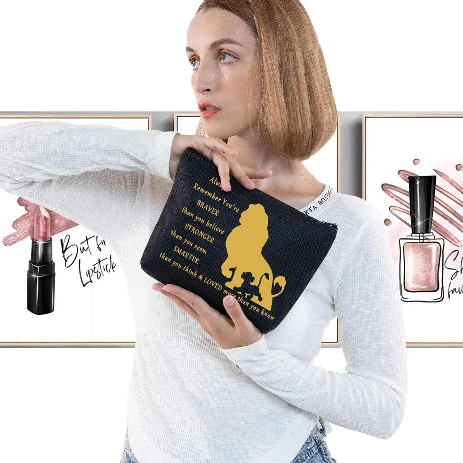 LEVLO Lion Cosmetic Make Up Bag Cartoon Lion Fans Gift You Are Braver Stronger Smarter Than You Think Cartoon Animal Zipper Pouch Bag
