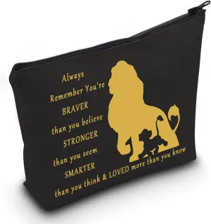 LEVLO Lion Cosmetic Make Up Bag Cartoon Lion Fans Gift You Are Braver Stronger Smarter Than You Think Cartoon Animal Zipper Pouch Bag