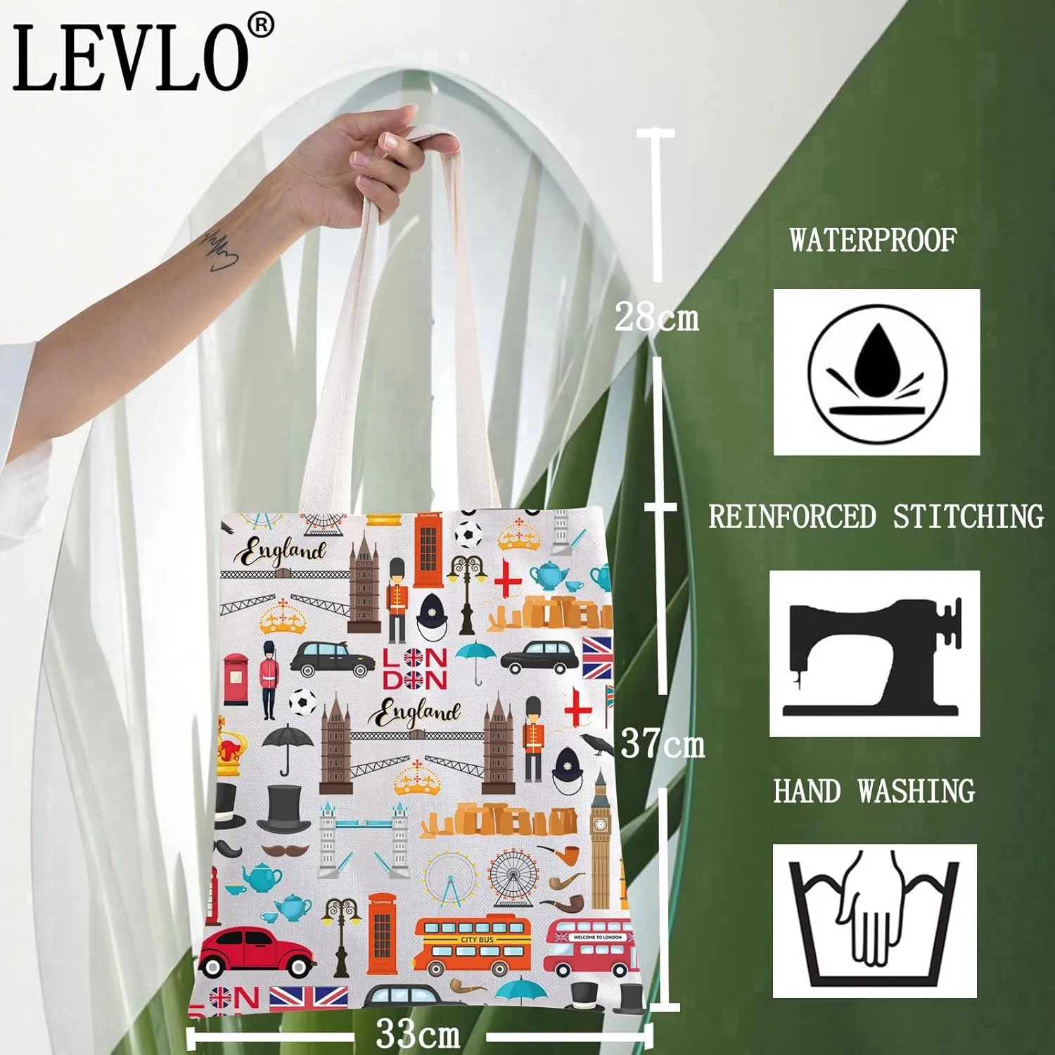 LEVLO London Travel Gift British Theme Cosmetic Bag England Souvenir Gift United Kingdom Make Up Zipper Pouch Bag (London Tote)