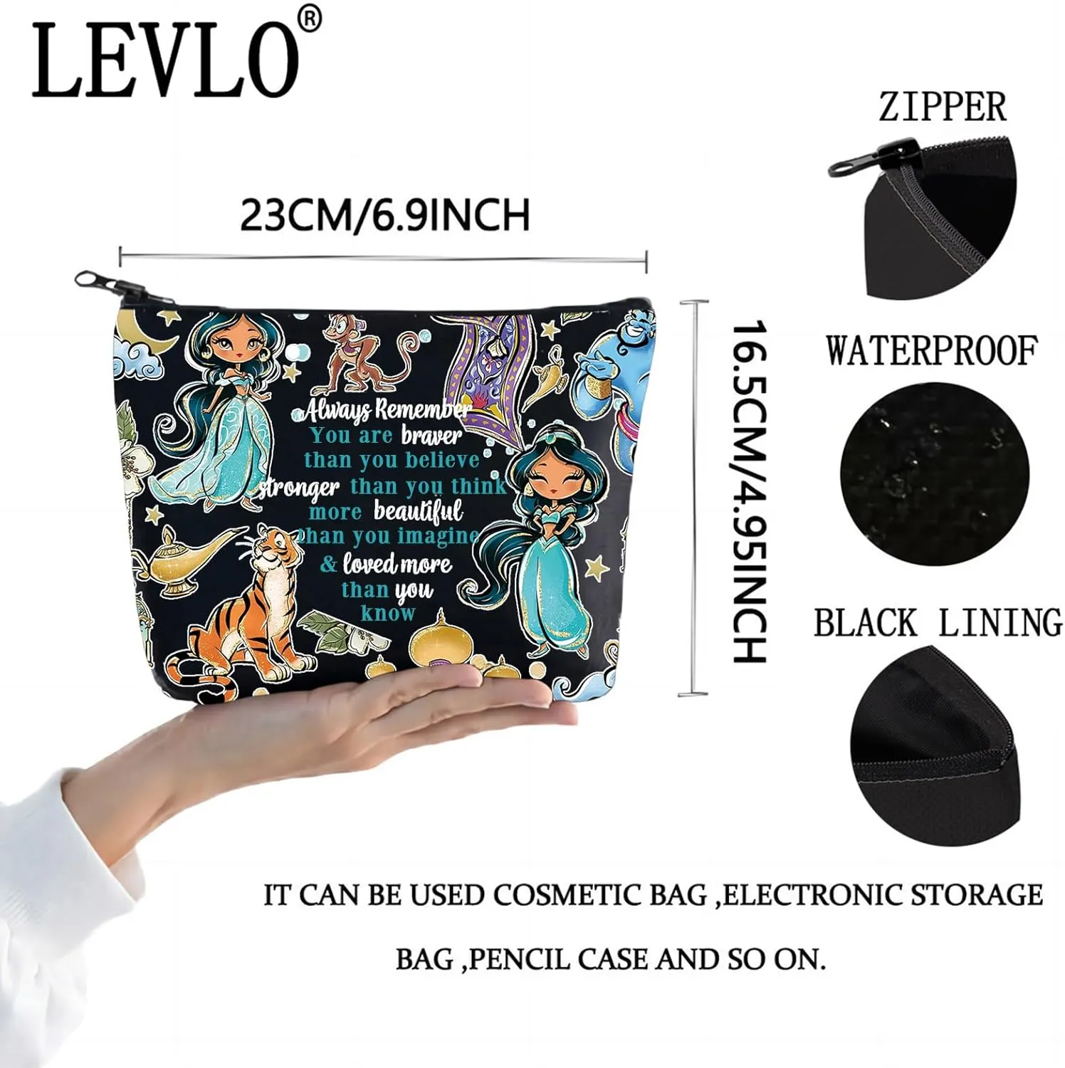 LEVLO Princess Cosmetic Make Up Bag Fans Gift Zipper Pouch Bag For Movie Fans (Black Jasmine)