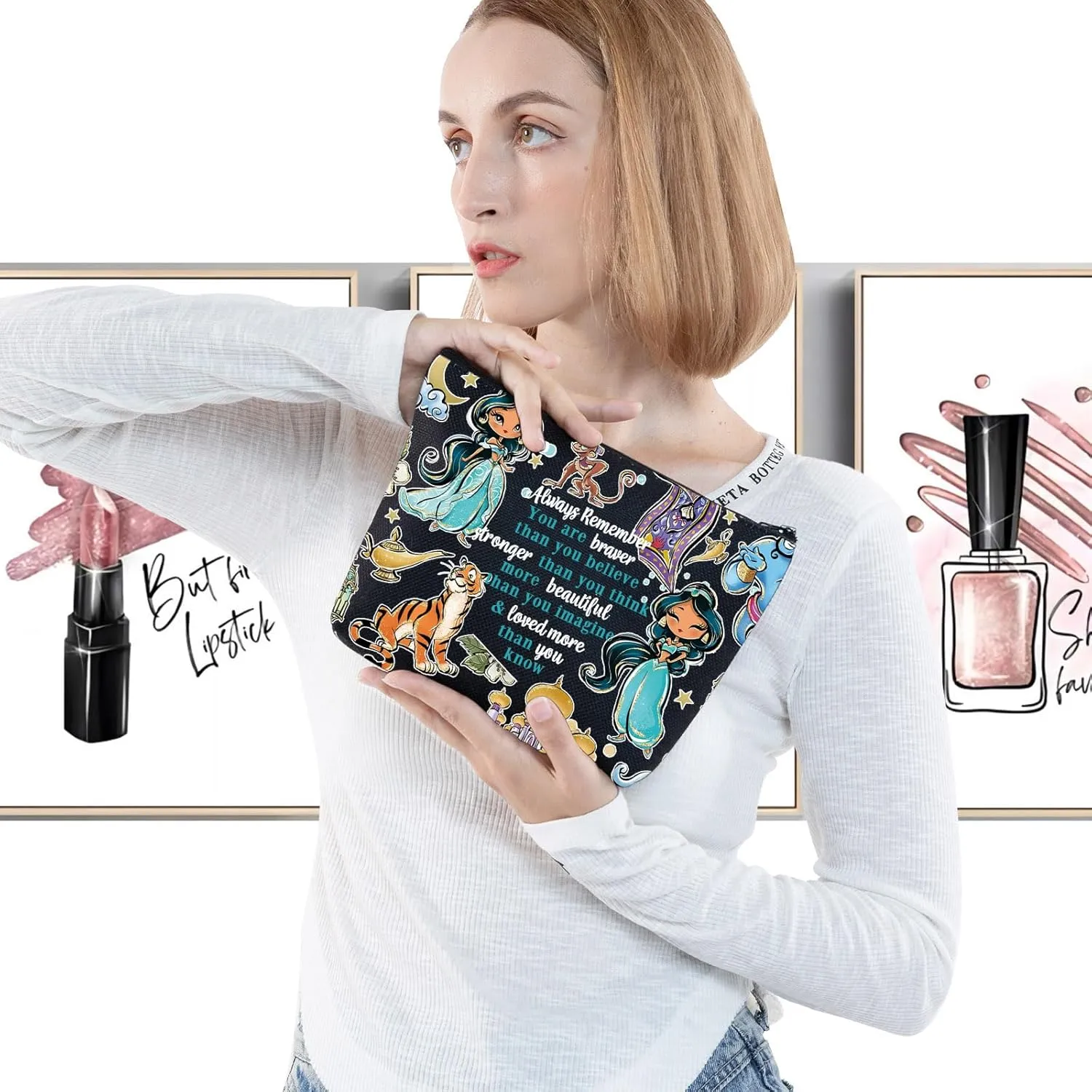 LEVLO Princess Cosmetic Make Up Bag Fans Gift Zipper Pouch Bag For Movie Fans (Black Jasmine)
