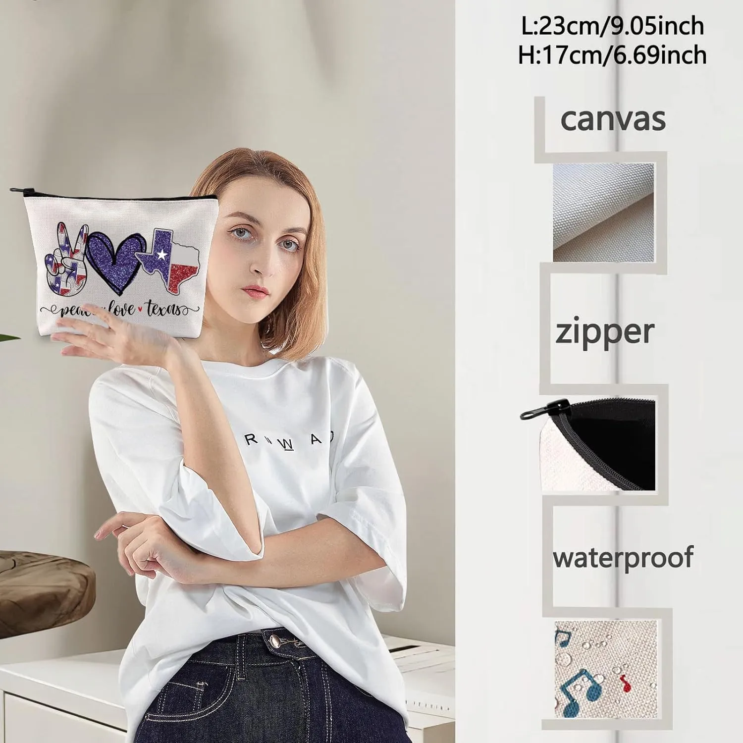 LEVLO Texas State Cosmetic Bag Long Distance Relationships Gift Peace Love Texas Zipper Pouch Bag Moving Away Gift
