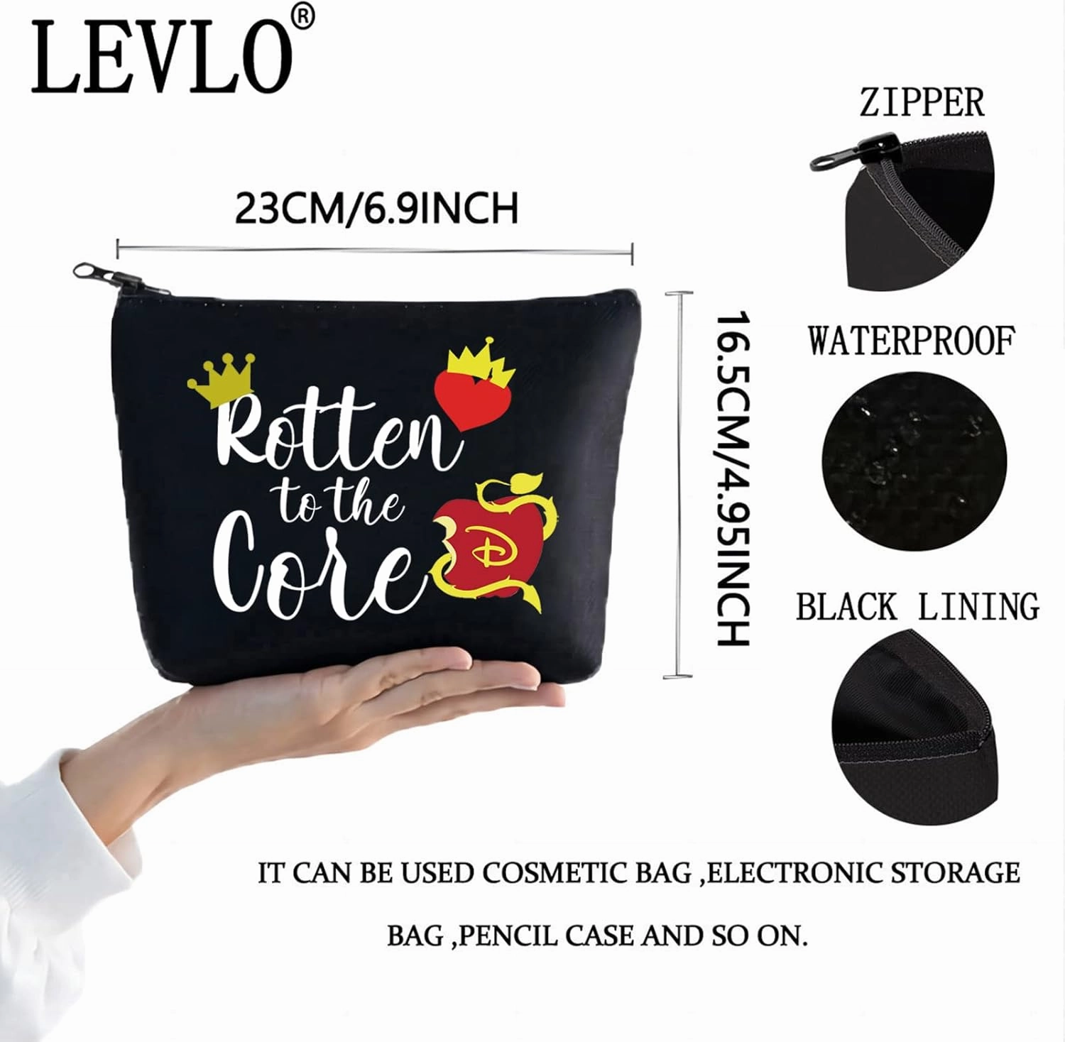 LEVLO Descendants Cosmetic Make Up Bag Descendants Fans Gift Rotten to the Core Makeup Zipper Pouch Bag For Friend Family (Core Black)