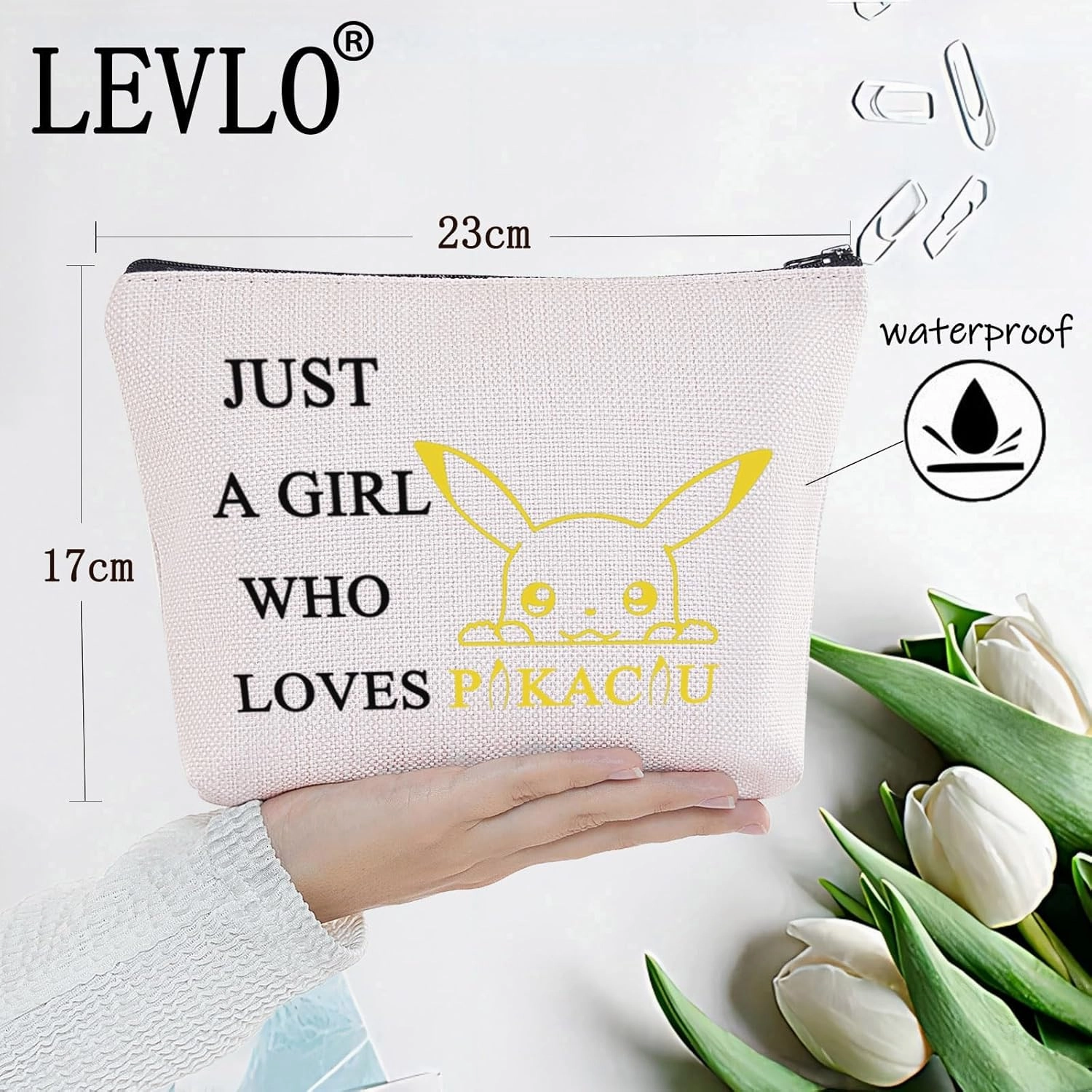 LEVLO Funny Cartoon Cosmetic Bag Anime Theme Fans Gift Just A Girl Who Loves Pika Makeup Zipper Pouch Bag For Women Girls