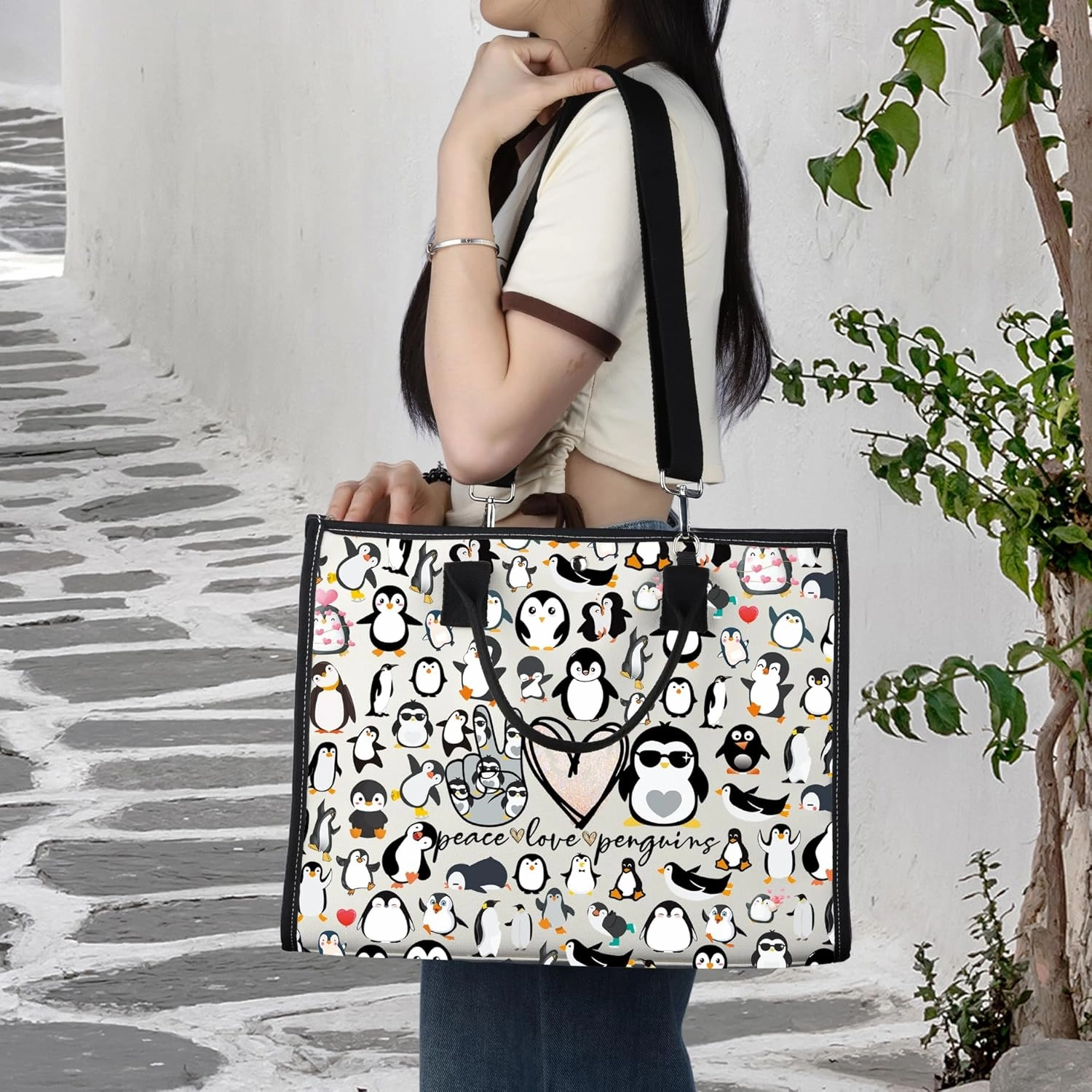 LEVLO Funny Penguins Cosmetic Make up Bag Animal Lover Gift Peace Love Penguins Makeup Zipper Pouch Bag Penguins Lover Gift For Women (Penguins LT)
