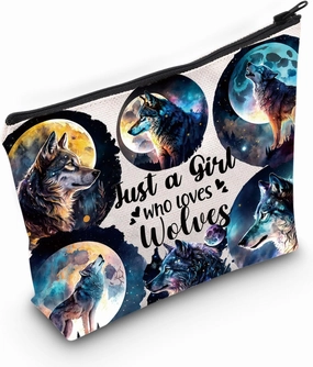 LEVLO Funny Wolf Cosmetic Bag Animal Lover Gift Just A Girl Who Loves Wolves Makeup Zipper Pouch Bag Wolf Lover Gift (Wolves)