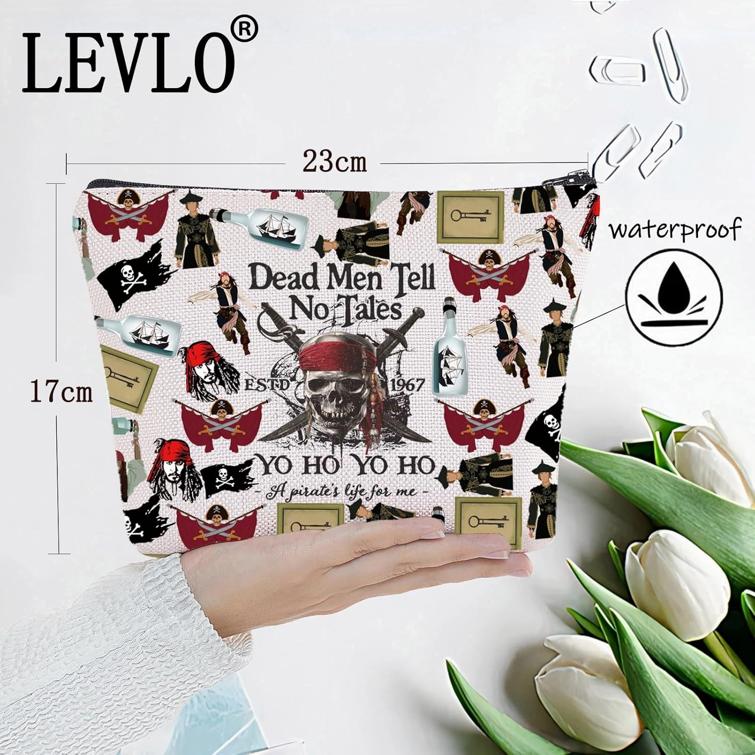 LEVLO Jack Sparrow Cosmetic Makeup Bag Angelica & Jack Fans Gift Dead Men Tell No Tales Toiletry Bag Pirate Lover Merchandise