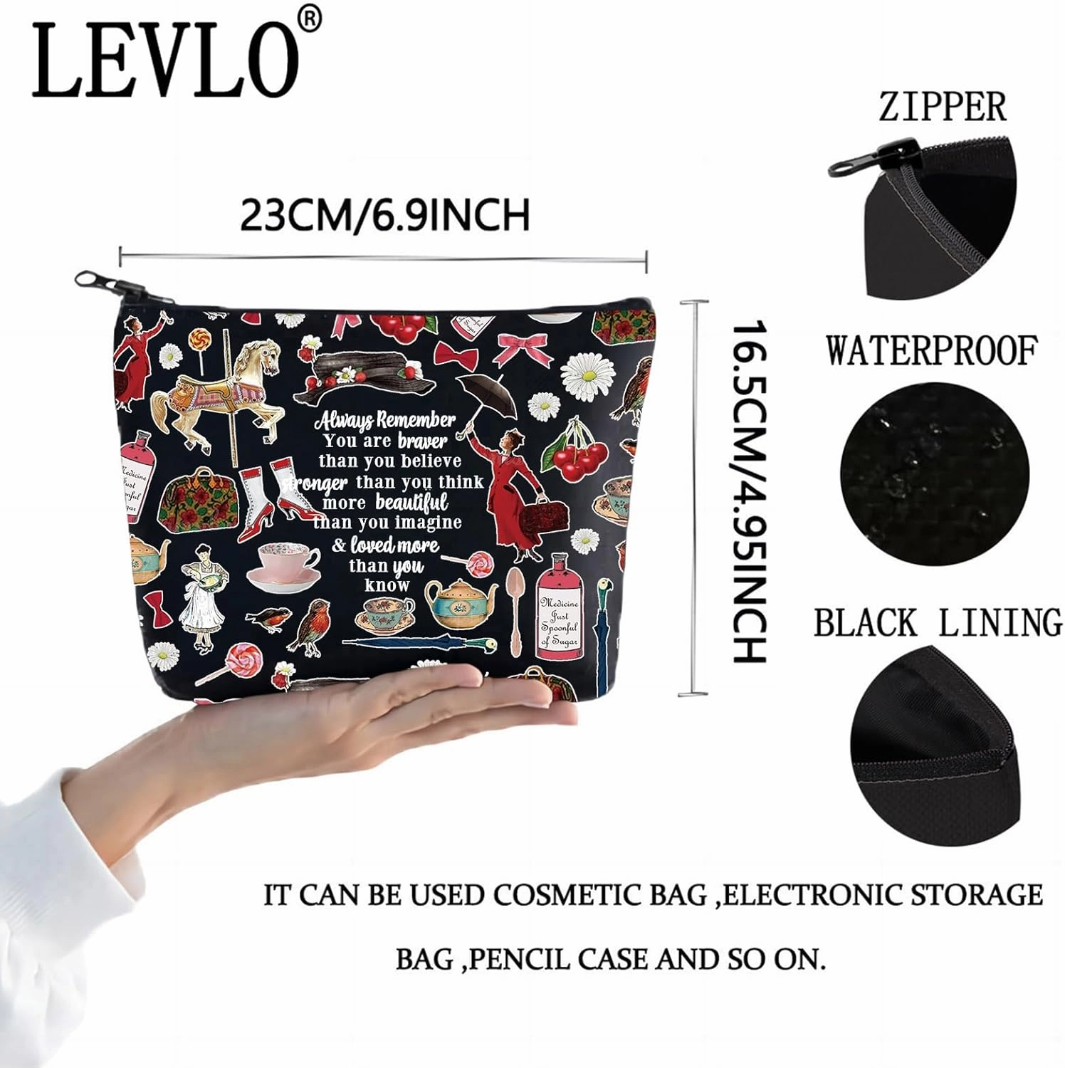 LEVLO Mary Movie Cosmetic Make up Bag Mary Fans Gift You Are Braver Stronger Smarter Than You Think Makeup Zipper Pouch Bag For Women Girls (Always Mary Black)