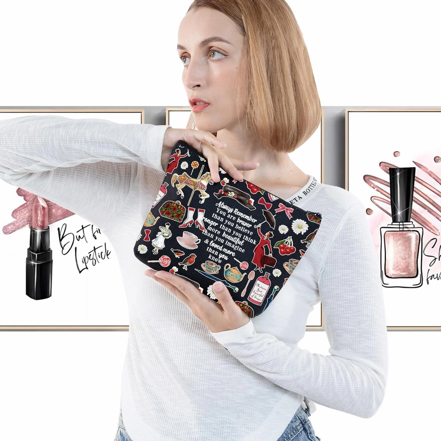 LEVLO Mary Movie Cosmetic Make up Bag Mary Fans Gift You Are Braver Stronger Smarter Than You Think Makeup Zipper Pouch Bag For Women Girls (Always Mary Black)