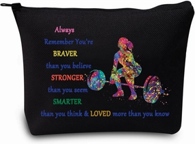 LEVLO Weight Lifting Cosmetic Make Up Bag Weightlifter Gifts Idea You Are Braver Stronger Smarter Than You Think Weightlifting Makeup Zipper Pouch Bag For Women Girls (Weight Lifting Black)