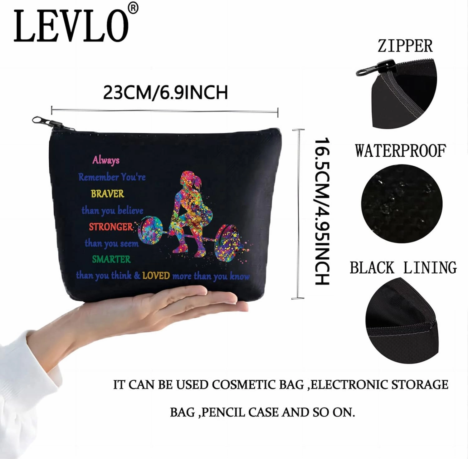 LEVLO Weight Lifting Cosmetic Make Up Bag Weightlifter Gifts Idea You Are Braver Stronger Smarter Than You Think Weightlifting Makeup Zipper Pouch Bag For Women Girls (Weight Lifting Black)