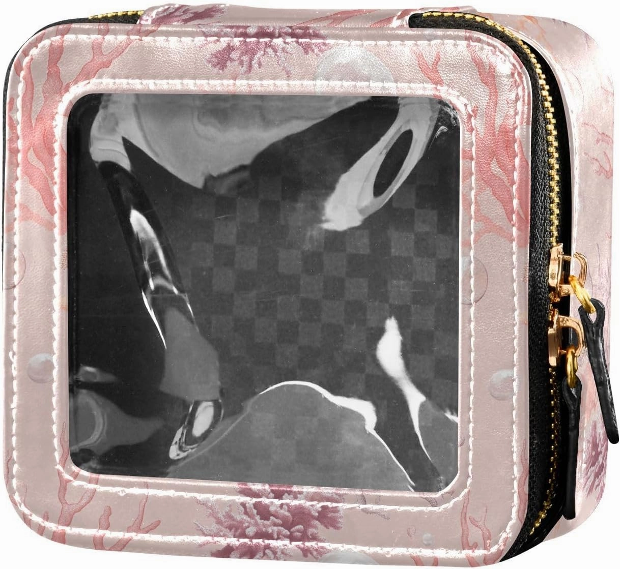 linqin Aesthetic Blush Corals Cute Travel Makeup Bag Clear Travel Toiletry Bag Leather Organizer Bags for Women