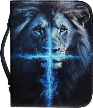 Lion PU Leather Bible Covers for Men,Bible Case Carrying Bag Fits Bible Book Accessory, Bible Cover Case for Men, Lion and Blue Cross,XL
