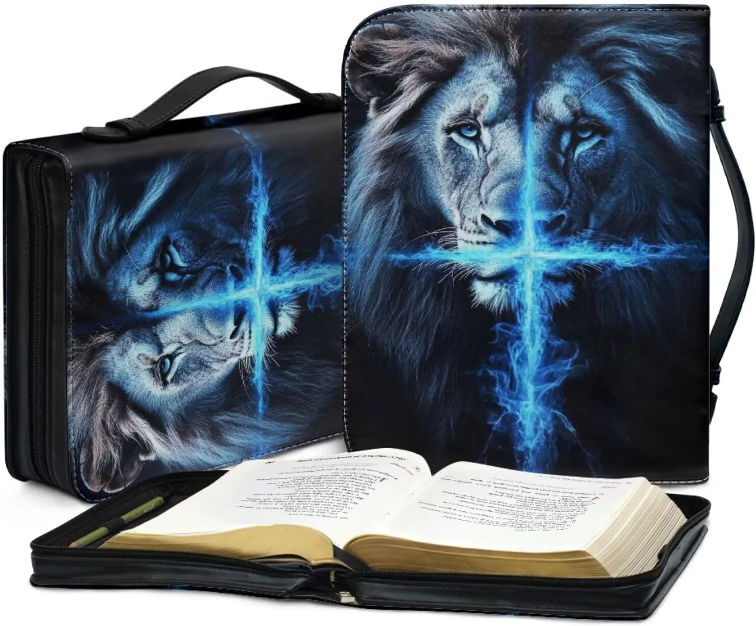 Lion PU Leather Bible Covers for Men,Bible Case Carrying Bag Fits Bible Book Accessory, Bible Cover Case for Men, Lion and Blue Cross,XL