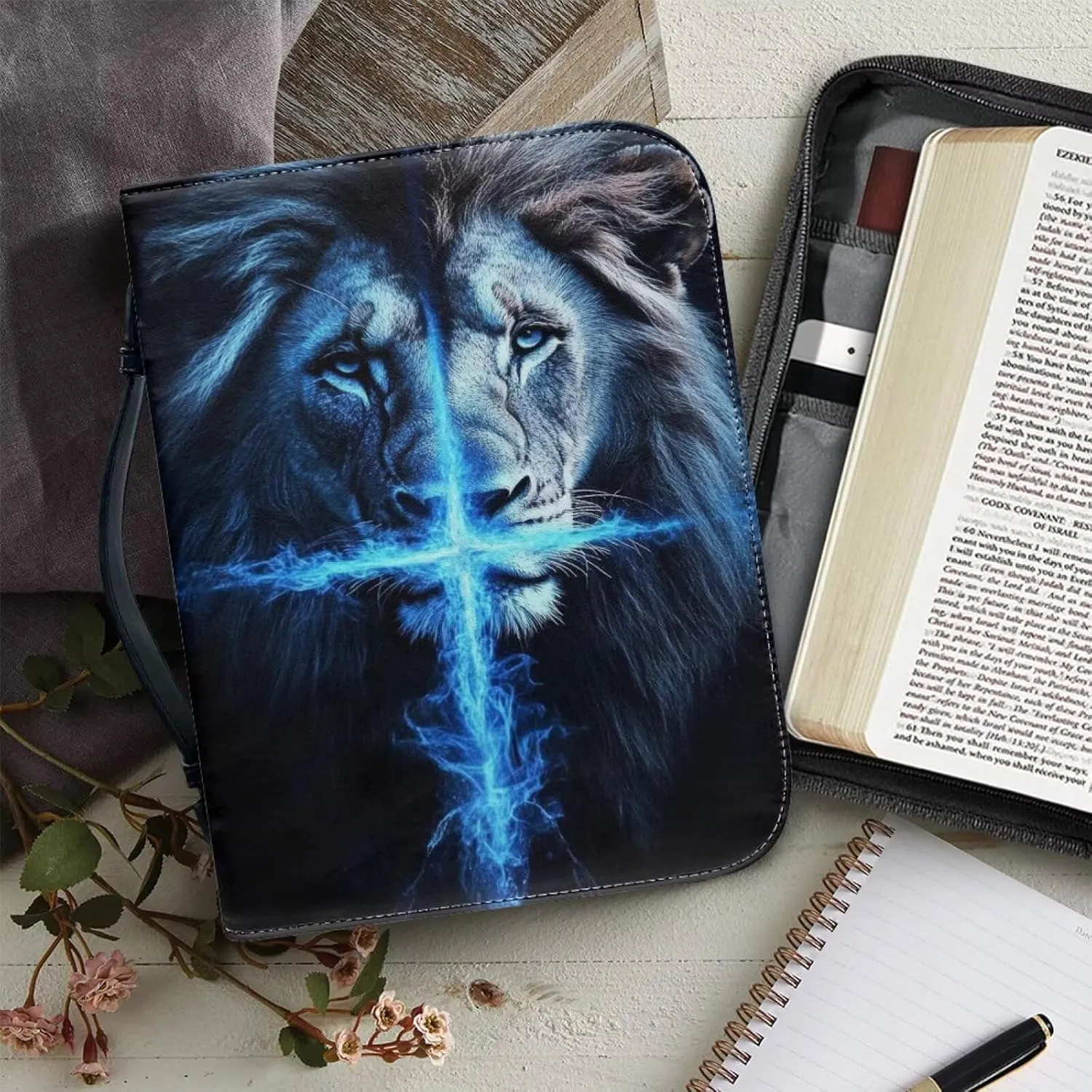Lion PU Leather Bible Covers for Men,Bible Case Carrying Bag Fits Bible Book Accessory, Bible Cover Case for Men, Lion and Blue Cross,XL