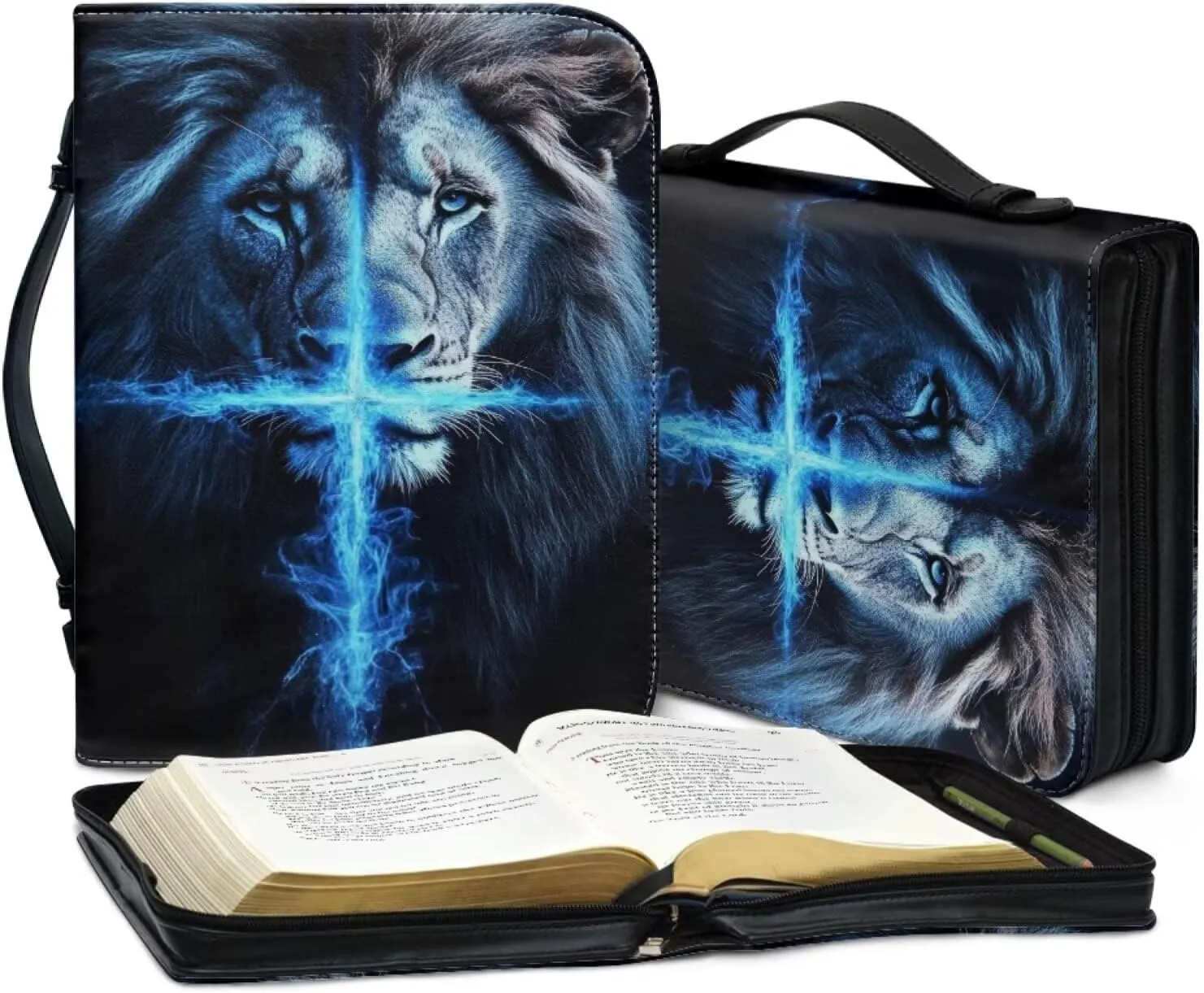 Lion PU Leather Bible Covers for Men,Bible Case Carrying Bag Fits Bible Book Accessory, Bible Cover Case for Men, Lion and Blue Cross,XL