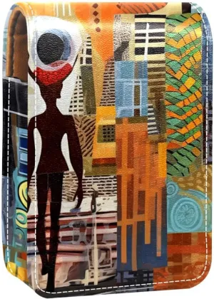 Lipstick Case,Leather Lip Gloss Lipstick Organizer with Mirror,Mini Lipstick Holder Bag,Abstract Africa Print People