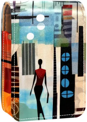 Lipstick Case,Leather Lip Gloss Lipstick Organizer with Mirror,Mini Lipstick Holder Bag,Abstract Africa Print People