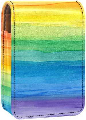 Lipstick Case,Leather Lip Gloss Lipstick Organizer with Mirror,Mini Lipstick Holder Bag,Abstract Art Colorful Stripe Rainbow