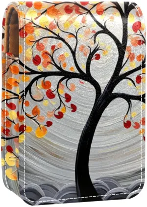 Lipstick Case,Leather Lip Gloss Lipstick Organizer with Mirror,Mini Lipstick Holder Bag,Abstract Autumn Tree Leaf