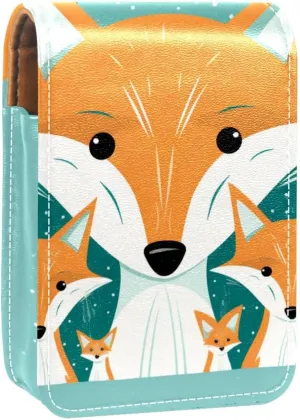 Lipstick Case,Leather Lip Gloss Lipstick Organizer with Mirror,Mini Lipstick Holder Bag,Animal Cute Fox Family