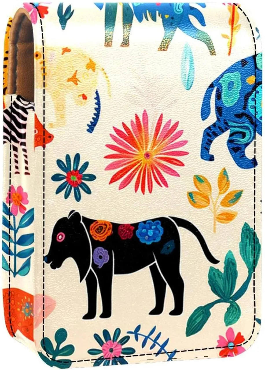Lipstick Case,Leather Lip Gloss Lipstick Organizer with Mirror,Mini Lipstick Holder Bag,Animals Different Patterns Cute