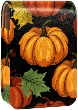 Lipstick Case,Leather Lip Gloss Lipstick Organizer with Mirror,Mini Lipstick Holder Bag,Autumn Leaves Pumpkins