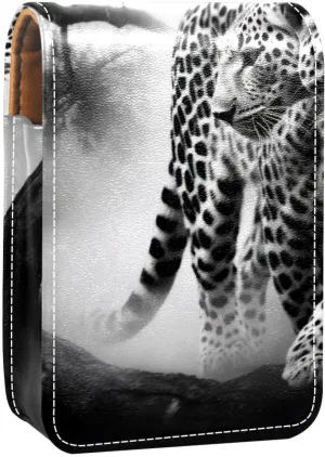 Lipstick Case,Leather Lip Gloss Lipstick Organizer with Mirror,Mini Lipstick Holder Bag,Black Gray Fog Leopard