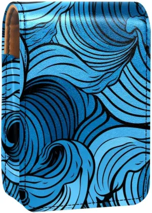 Lipstick Case,Leather Lip Gloss Lipstick Organizer with Mirror,Mini Lipstick Holder Bag,Blue Printed Stripes