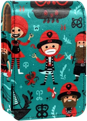 Lipstick Case,Leather Lip Gloss Lipstick Organizer with Mirror,Mini Lipstick Holder Bag,Cartoon Pirate Ocean Theme