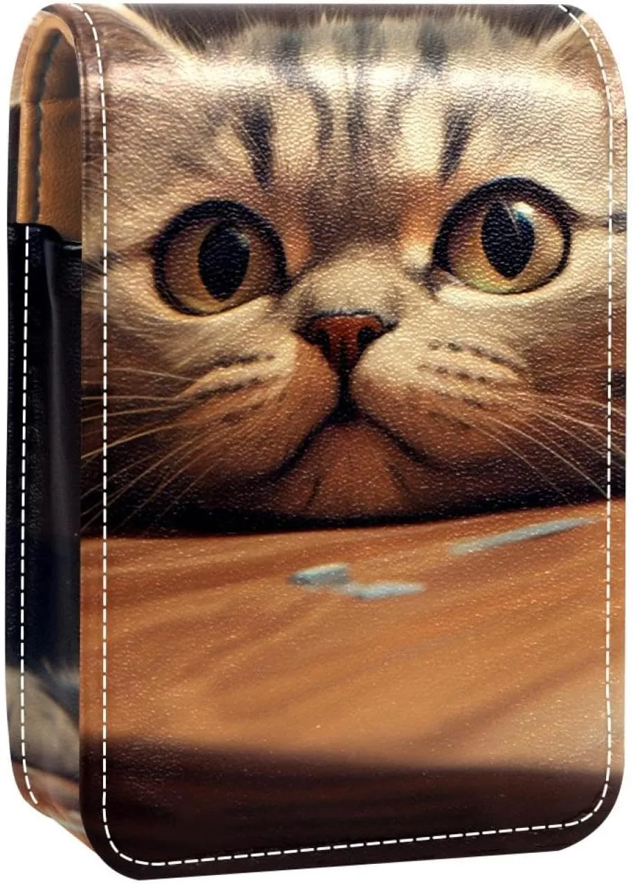 Lipstick Case,Leather Lip Gloss Lipstick Organizer with Mirror,Mini Lipstick Holder Bag,Chair Cat