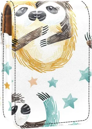 Lipstick Case,Leather Lip Gloss Lipstick Organizer with Mirror,Mini Lipstick Holder Bag,Colored Animal Sloth