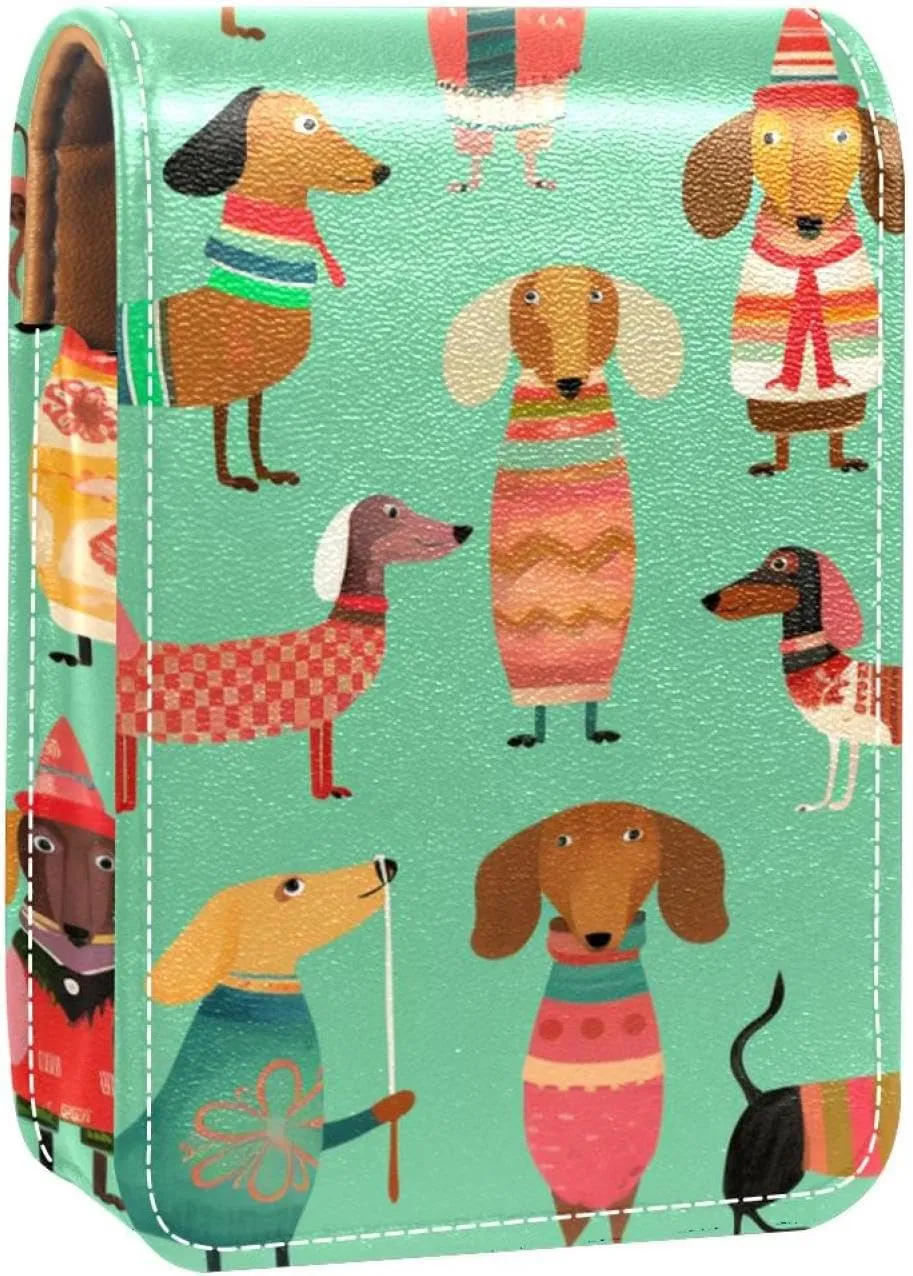 Lipstick Case,Leather Lip Gloss Lipstick Organizer with Mirror,Mini Lipstick Holder Bag,Colorful Animal Dog Pattern