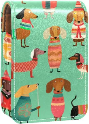 Lipstick Case,Leather Lip Gloss Lipstick Organizer with Mirror,Mini Lipstick Holder Bag,Colorful Animal Dog Pattern