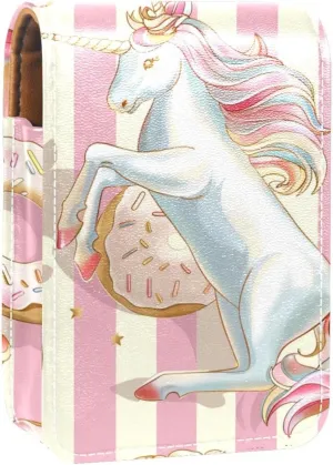 Lipstick Case,Leather Lip Gloss Lipstick Organizer with Mirror,Mini Lipstick Holder Bag,Donut Cake Ice Cream Unicorn