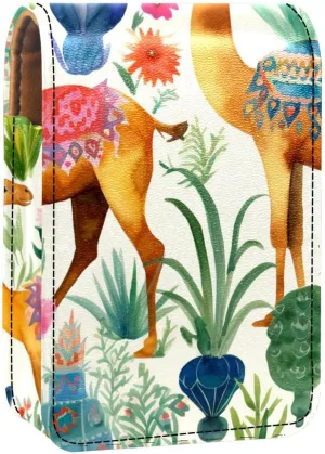 Lipstick Case,Leather Lip Gloss Lipstick Organizer with Mirror,Mini Lipstick Holder Bag,Flower Cactus Llama and Camel