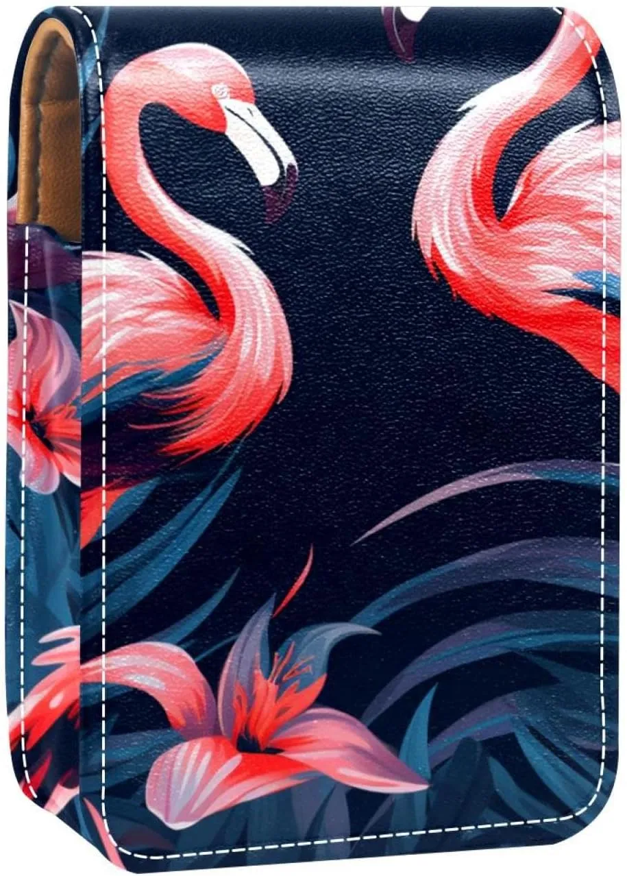 Lipstick Case,Leather Lip Gloss Lipstick Organizer with Mirror,Mini Lipstick Holder Bag,Flower Flamingo Tropical Leaves