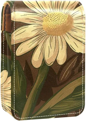 Lipstick Case,Leather Lip Gloss Lipstick Organizer with Mirror,Mini Lipstick Holder Bag,Flower Leaves Daisy
