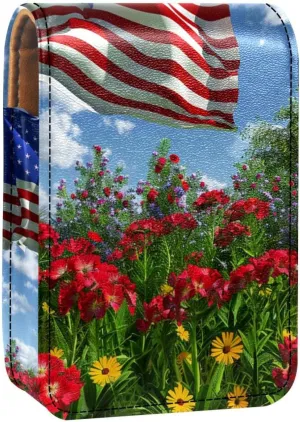 Lipstick Case,Leather Lip Gloss Lipstick Organizer with Mirror,Mini Lipstick Holder Bag,Flowers Blue Sky American Flag
