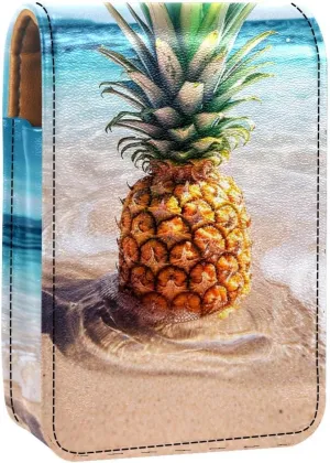 Lipstick Case,Leather Lip Gloss Lipstick Organizer with Mirror,Mini Lipstick Holder Bag,Sea Beach Pineapple
