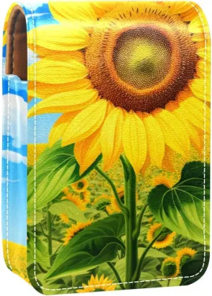 Lipstick Case,Leather Lip Gloss Lipstick Organizer with Mirror,Mini Lipstick Holder Bag,Sunflower Plant Flower Pattern