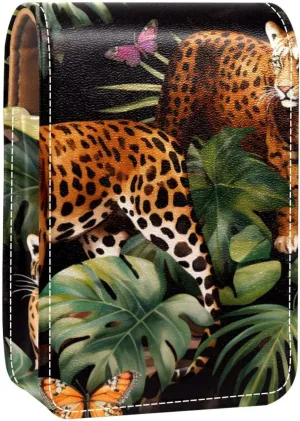 Lipstick Case,Leather Lip Gloss Lipstick Organizer with Mirror,Mini Lipstick Holder Bag,Tropical Palm Leaves Leopard Butterfly