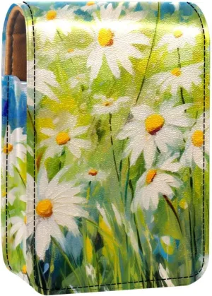 Lipstick Case,Leather Lip Gloss Lipstick Organizer with Mirror,Mini Lipstick Holder Bag,White Daisies Flowers Field