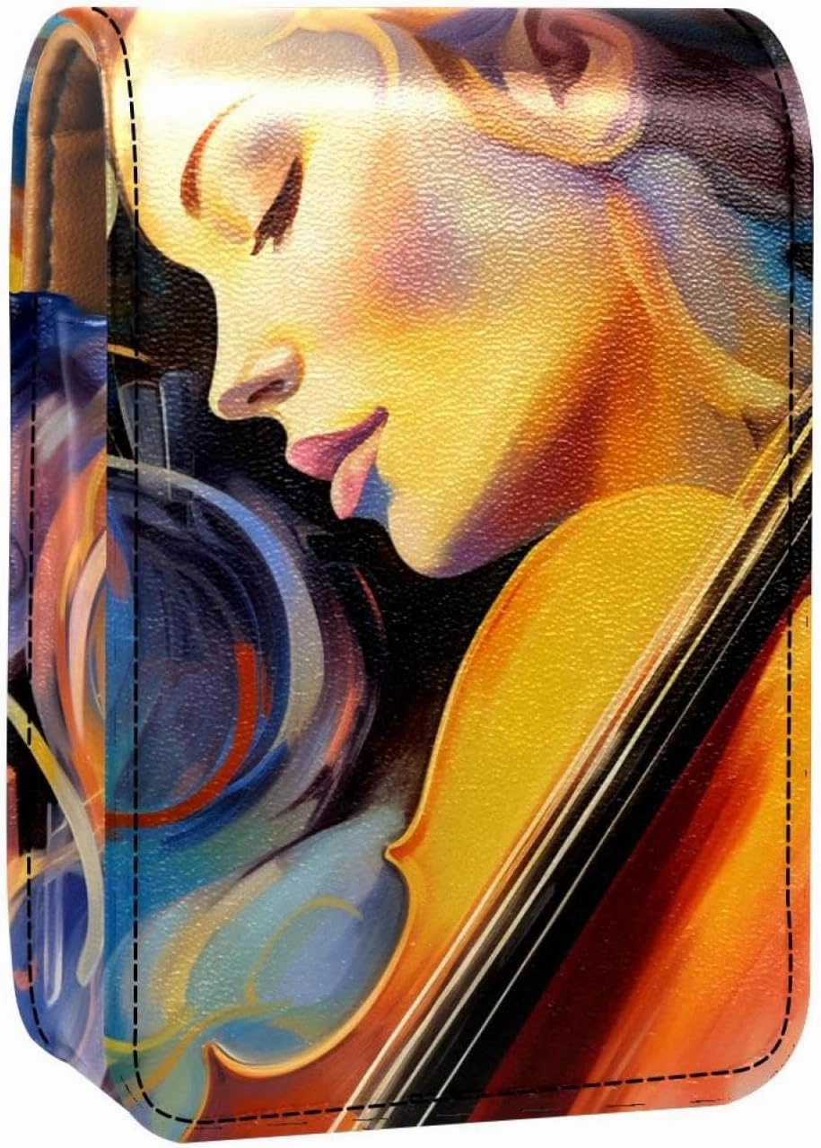 Lipstick Case,Leather Lip Gloss Lipstick Organizer with Mirror,Mini Lipstick Holder Bag,Abstract Face Music Violin Notes
