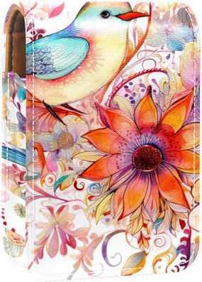 Lipstick Case,Leather Lip Gloss Lipstick Organizer with Mirror,Mini Lipstick Holder Bag,Abstract Vintage Flowers Birds