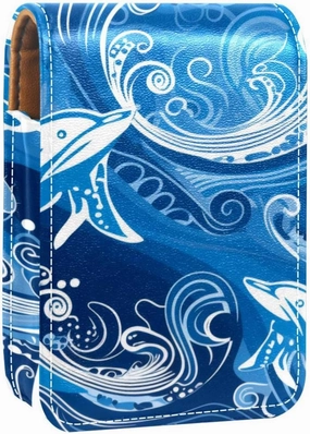 Lipstick Case,Leather Lip Gloss Lipstick Organizer with Mirror,Mini Lipstick Holder Bag,Abstract Waves and Ocean Whale
